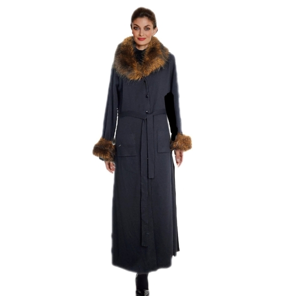 Nancy Bolen Womens Belted Black Wool Mix Faux Fur Collar Cuffs Coat Sz M EUC - Picture 3 of 9